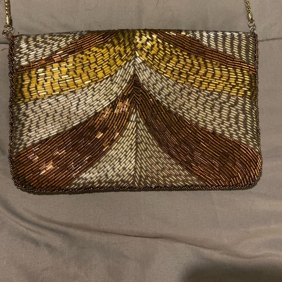 VINTAGE REGALE BEADED EVENING CLUTCH PURSE Brown/Gold w/ Gold Chain ART DECO - Picture 2 of 6